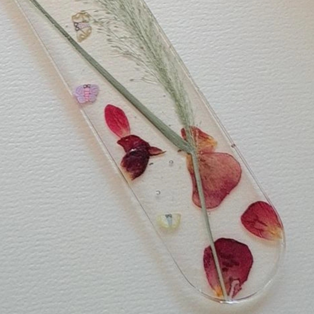 Handmade Resin Bookmark with Dried Flowers & Butterfly Beads – One-of-a-Kind Gift