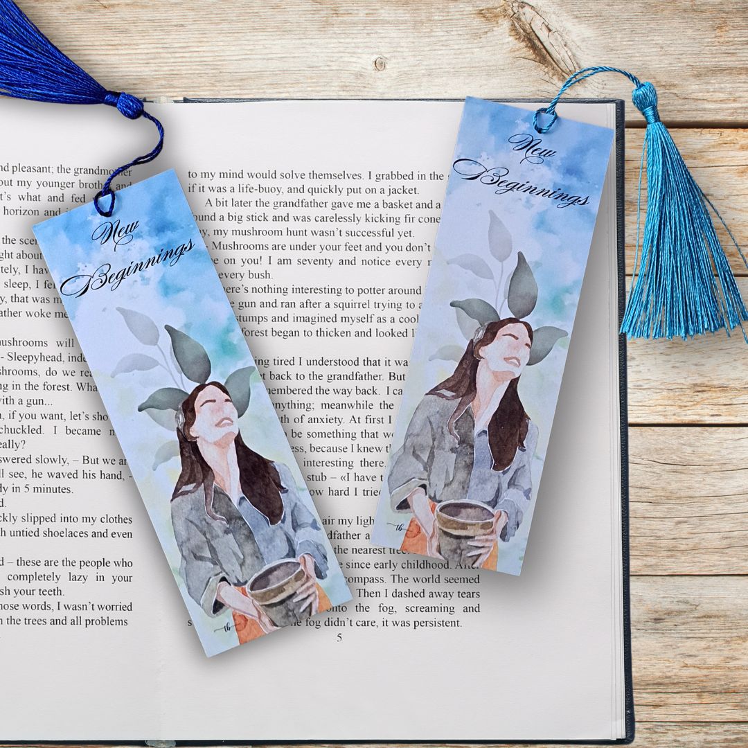 "New Beginnings" Watercolor Art Bookmark – 2x6 Inch Print with Tassel