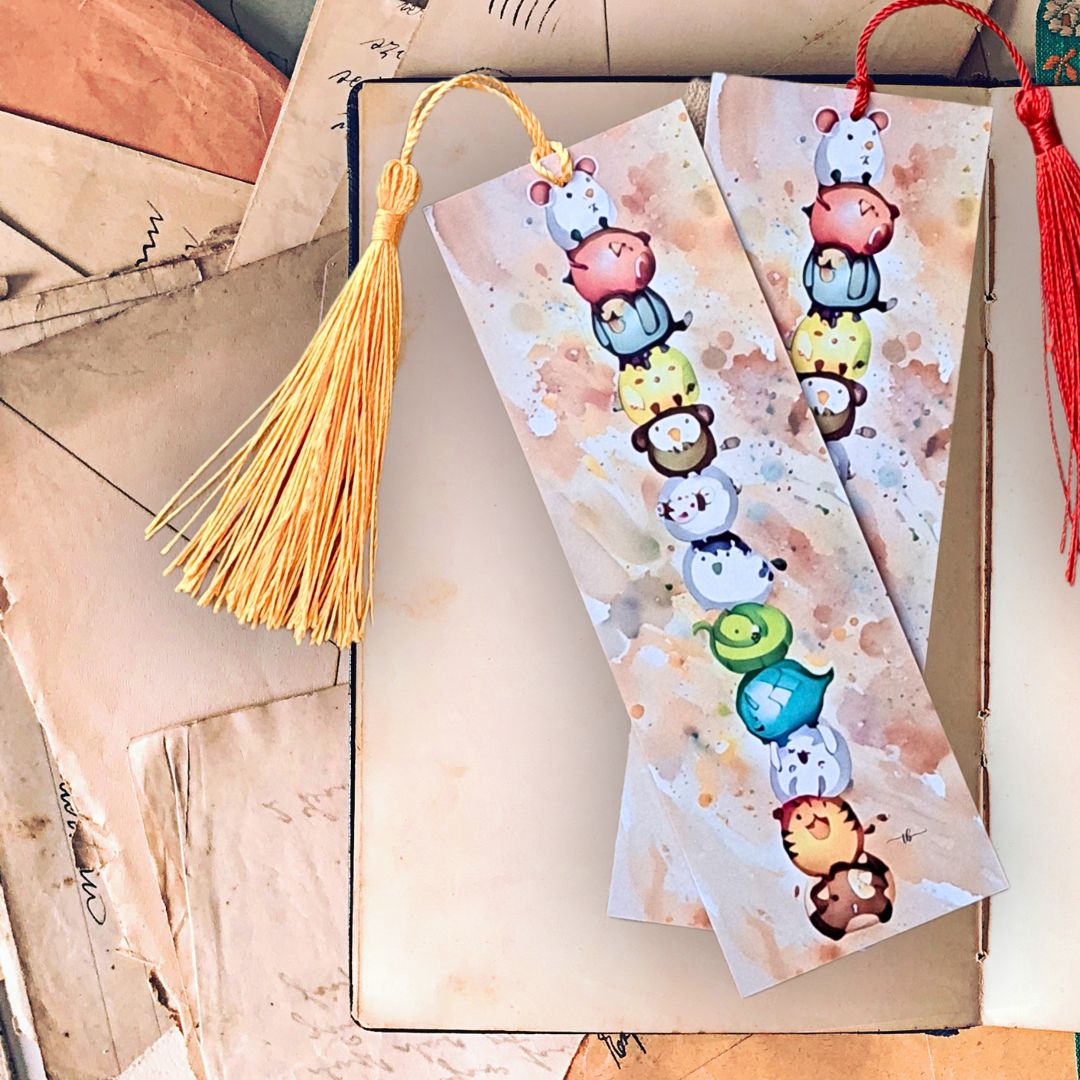 "Balancing Animals" Watercolor Art Bookmark – 2x6 Inch Print with Tassel