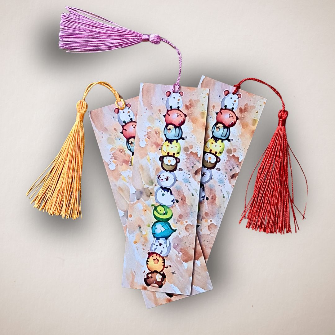 "Balancing Animals" Watercolor Art Bookmark – 2x6 Inch Print with Tassel