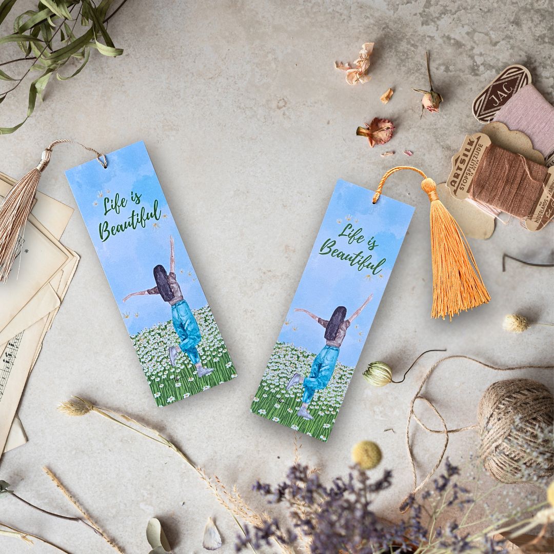"Life is Beautiful" Watercolor Art Bookmark – 2x6 Inch Print with Tassel