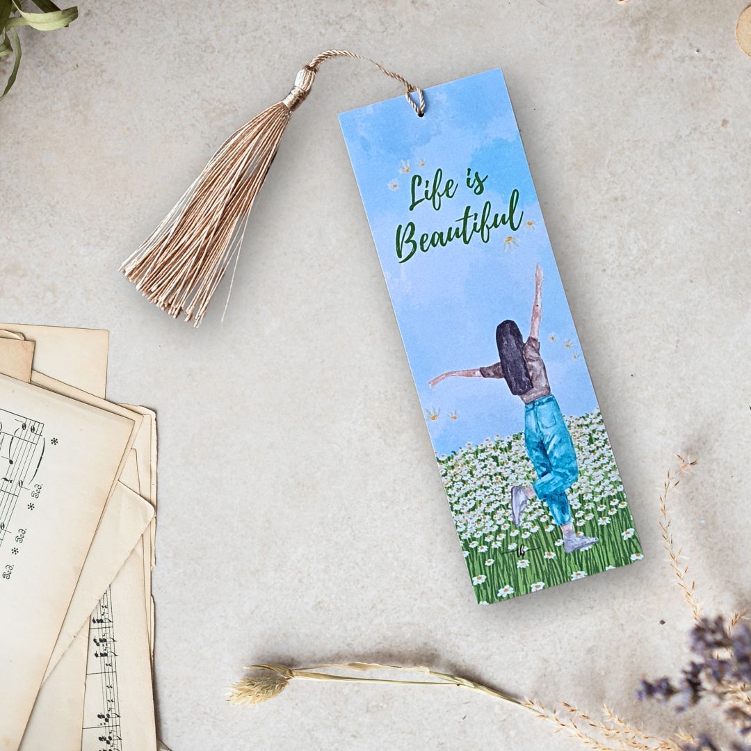 "Life is Beautiful" Watercolor Art Bookmark – 2x6 Inch Print with Tassel