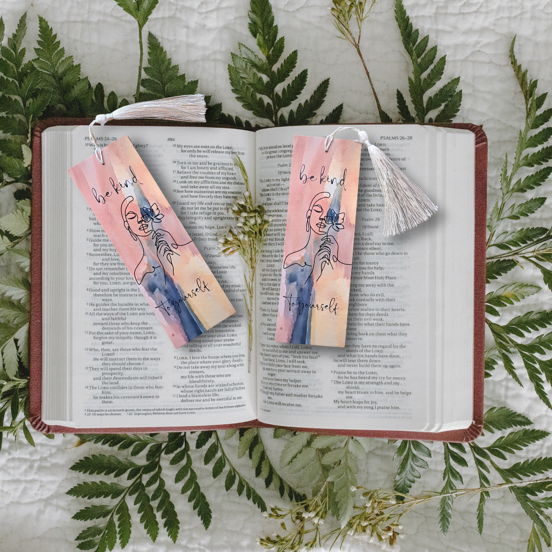 "Be Kind to Yourself" Watercolor Art Bookmark – 2x6 Inch Print with Tassel