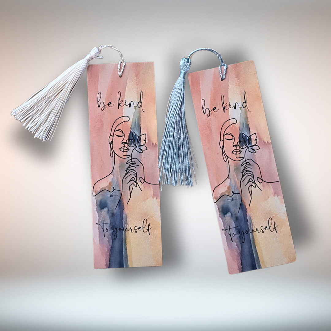"Be Kind to Yourself" Watercolor Art Bookmark – 2x6 Inch Print with Tassel