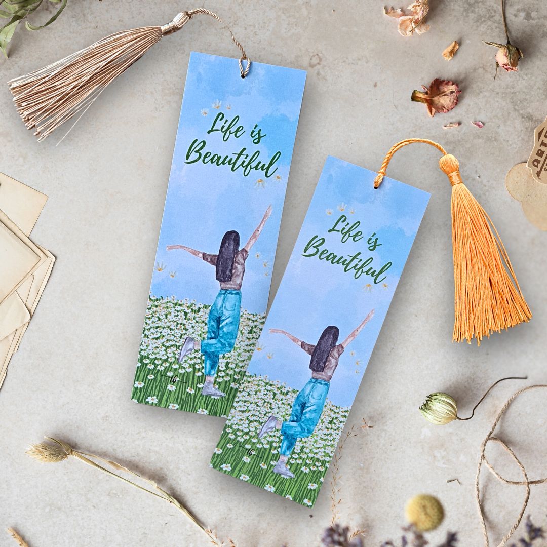 "Life is Beautiful" Watercolor Art Bookmark – 2x6 Inch Print with Tassel